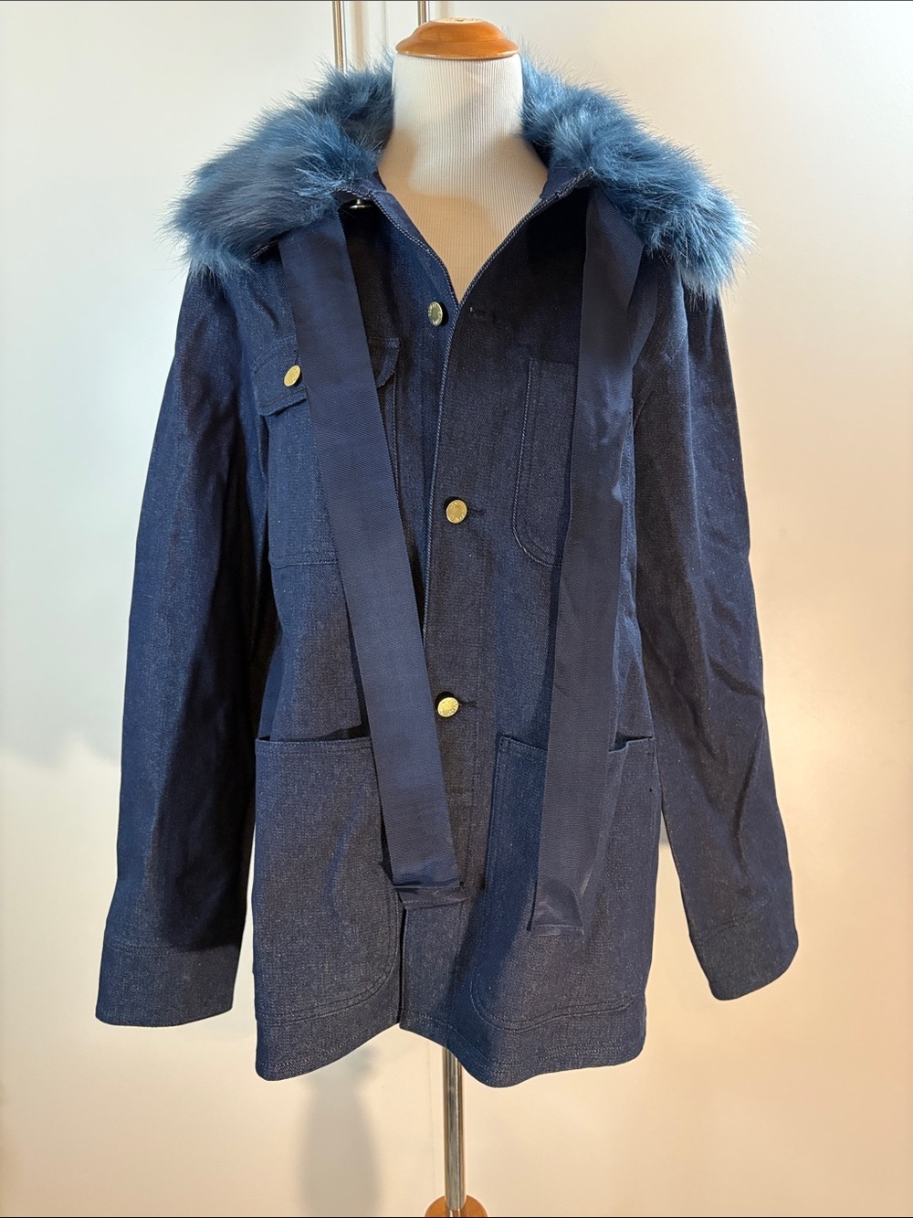 Cynthia Rowley Dark Blue Denim with Removable Faux Fur Collar Jacket M